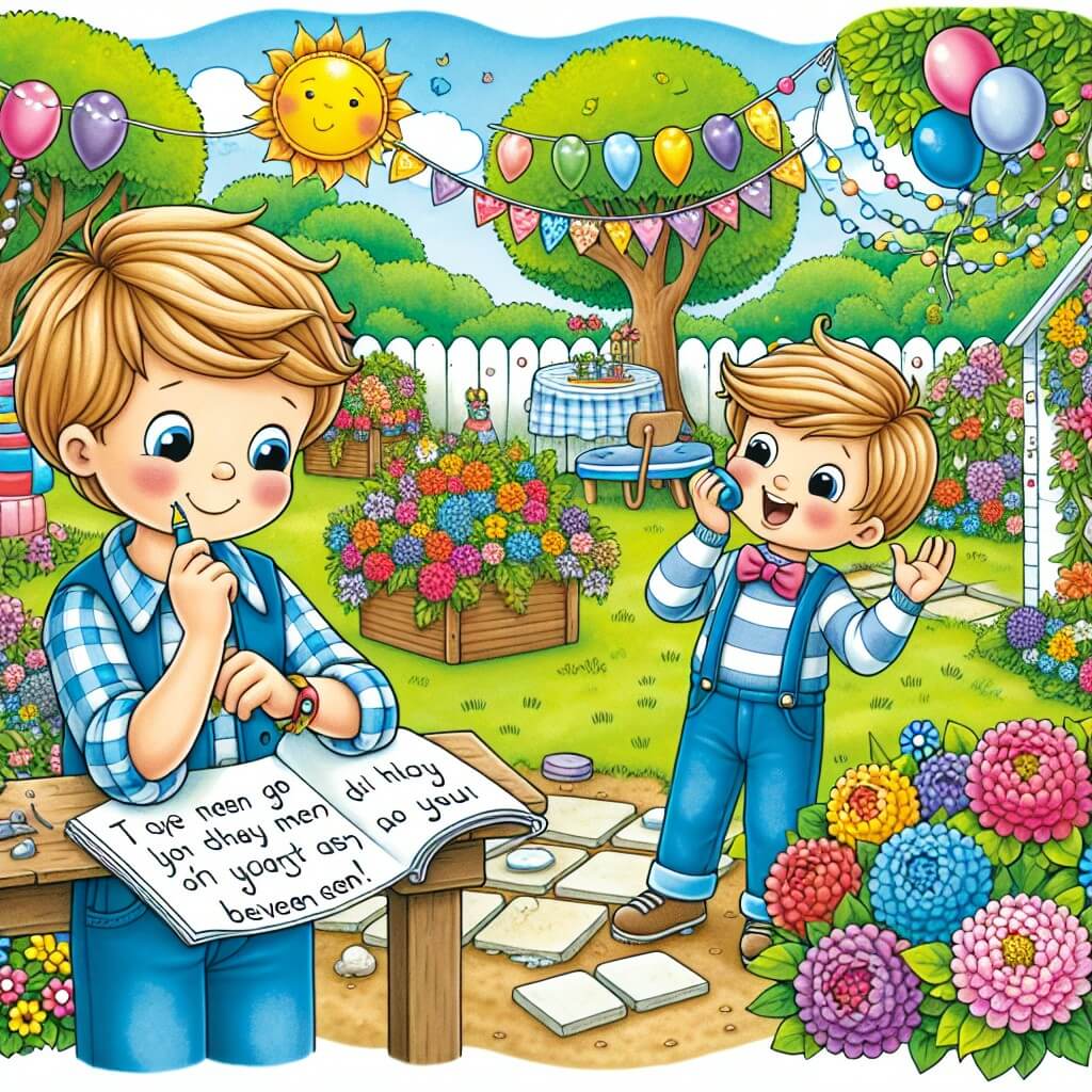 Une illustration destinée aux enfants représentant un jeune garçon plein d'énergie et d'imagination, qui organise une fête surprise pour sa maman adorée dans un jardin ensoleillé, rempli de fleurs colorées et d'arbres décorés de guirlandes scintillantes.