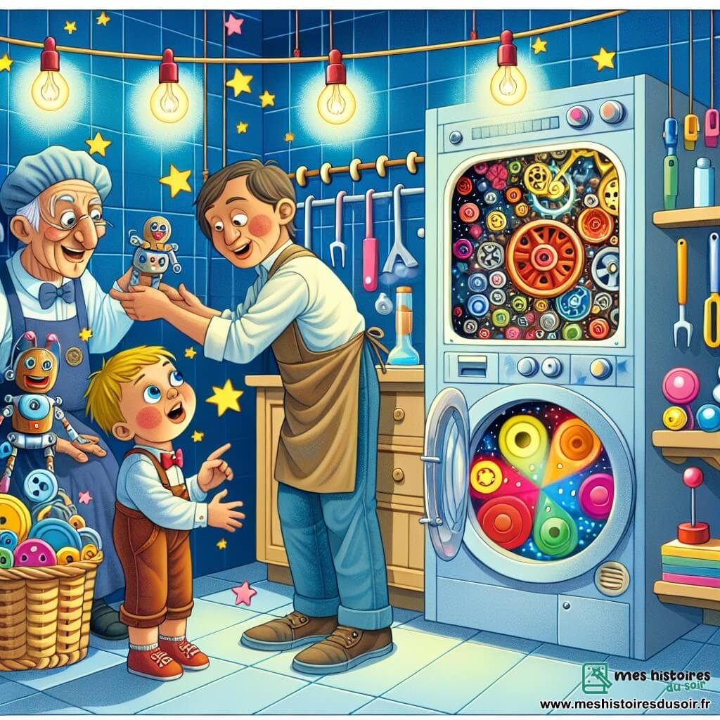 Une illustration destinée aux enfants représentant un petit garçon ingénieux dévoilant une machine magique à son papa émerveillé, accompagnés d'une marionnette faite à la main, dans une buanderie remplie de boutons colorés et de leviers futuristes.