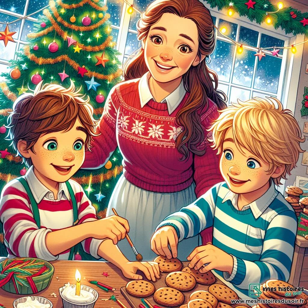 Une illustration sous forme de dessin destinée aux enfants représentant un chaleureux orphelinat décoré pour Noël, avec un groupe d'enfants de 11 ans, trois garçons aux cheveux en bataille et aux visages rayonnants de joie, en train de décorer un grand sapin de Noël avec des guirlandes colorées et des étoiles en papier, tandis qu'une femme bienveillante, Mademoiselle Claire, aux cheveux châtains et portant un pull rouge, les observe avec un sourire ému, entourée de biscuits de Noël fraîchement cuits et de lumières scintillantes, créant une atmosphère festive et pleine d'amour.