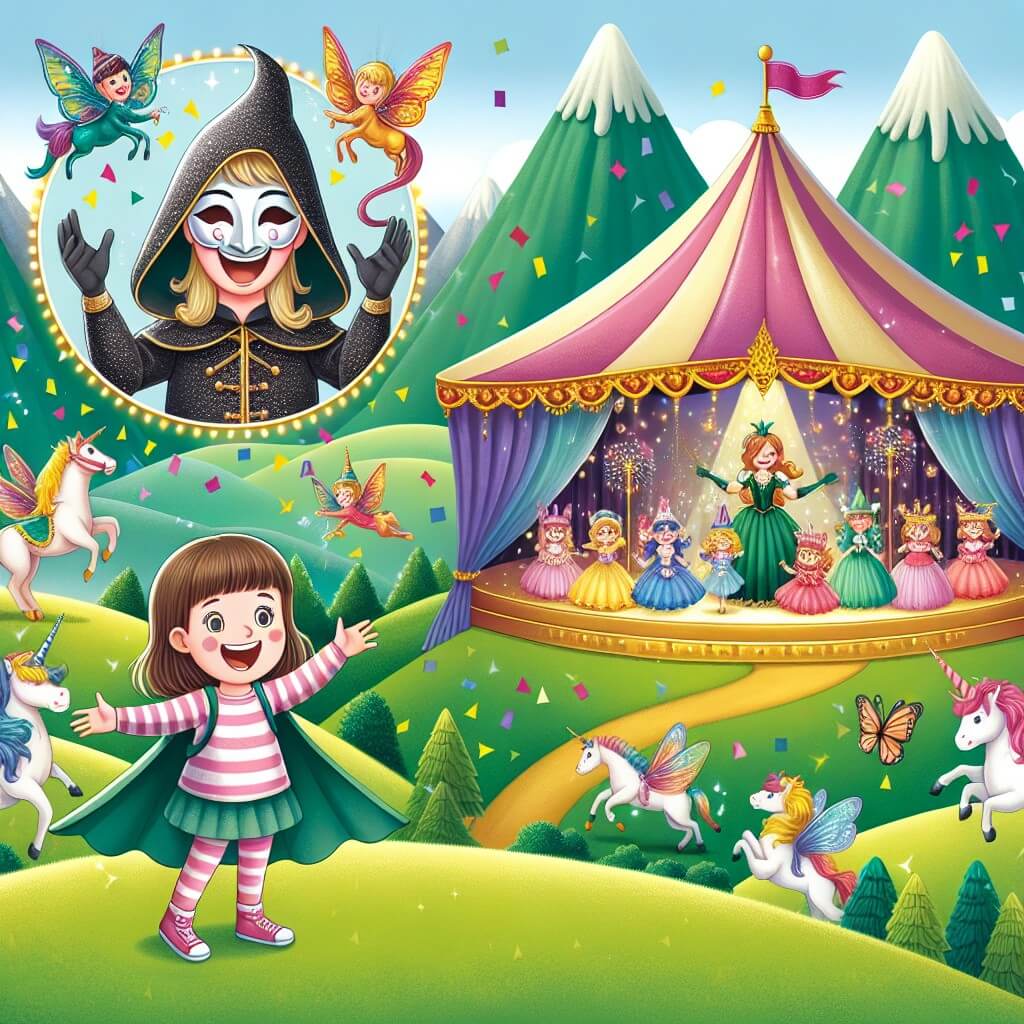 Une illustration destinée aux enfants représentant une jeune fille pleine d'enthousiasme, se retrouvant au cœur d'un carnaval magique, accompagnée d'un mystérieux personnage masqué, dans une tente scintillante remplie de fées, de licornes et de dragons crachant des confettis, située au sommet d'une colline entourée de montagnes verdoyantes.