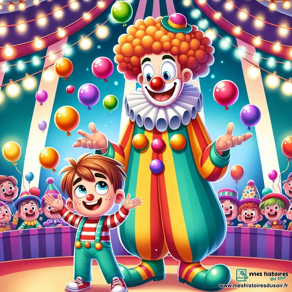 Une illustration sous forme de dessin destinée aux enfants représentant un chapiteau de cirque coloré, avec des lumières scintillantes et des ballons flottants dans l'air, où un garçon de 7 ans aux cheveux châtains et aux yeux pétillants, vêtu d'un costume de clown coloré, jongle joyeusement avec des balles multicolores, tandis qu'un clown rigolo, grand et souriant, aux cheveux en bataille et au nez rouge, l'encourage avec des gestes comiques, le tout dans une ambiance festive remplie de rires et d'applaudissements d'un public émerveillé.