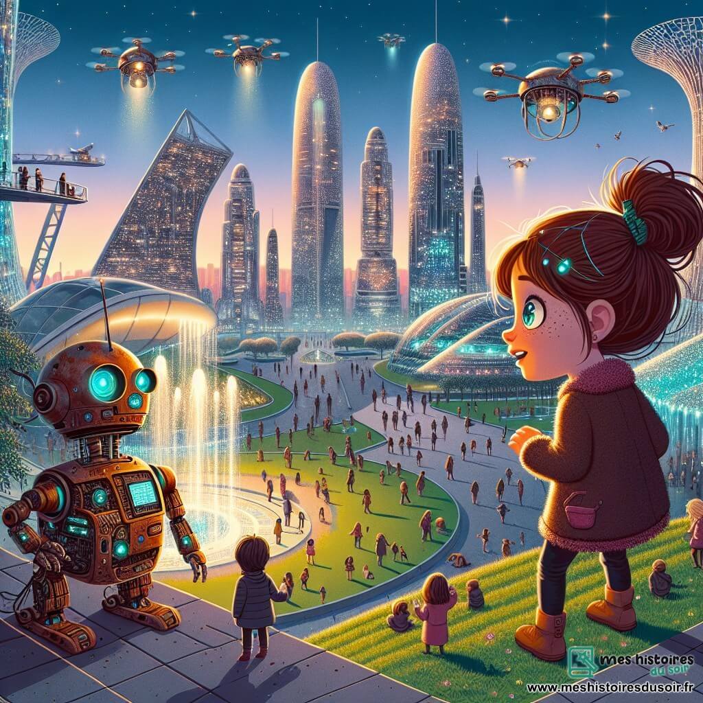 Une illustration sous forme de dessin destinée aux enfants représentant un parc futuriste de la ville d'Argentia, avec des bâtiments en verre scintillants et des jardins suspendus, où une fille de 9 ans aux cheveux châtains en bataille et aux yeux pétillants observe avec curiosité un vieux robot rouillé aux yeux clignotants, alors qu'ils se tiennent près d'une fontaine interactive, prêts à résoudre un mystère technologique, entourés d'enfants jouant avec des drones et des robots compagnons, le tout baigné dans une lumière douce et colorée qui évoque un monde magique et futuriste.