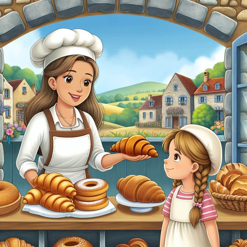 Une illustration destinée aux enfants représentant une femme boulangère passionnée, accompagnée d'une petite fille curieuse, dans une charmante boulangerie aux murs en pierre, avec une vitrine remplie de pains dorés, de croissants croustillants et de pâtisseries appétissantes, située dans un paisible village français entouré de collines verdoyantes et de champs fleuris.