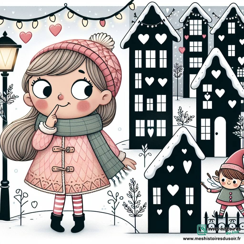 Une illustration destinée aux enfants représentant une fillette curieuse, une fête de la Saint-Valentin mystérieusement dépouillée de ses décorations, un petit lutin farceur et un village aux rues vides de guirlandes et de cœurs scintillants.