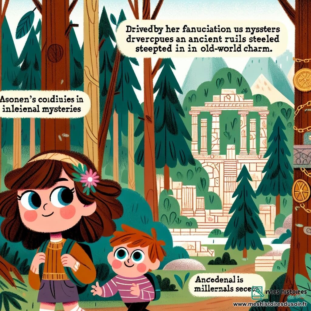 Une illustration destinée aux enfants représentant une jeune fille aux cheveux bruns bouclés, passionnée par les mystères du passé, explorant des ruines antiques avec son petit frère, un garçon aux yeux pétillants, dans une ancienne forêt dense aux arbres majestueux et aux secrets millénaires.