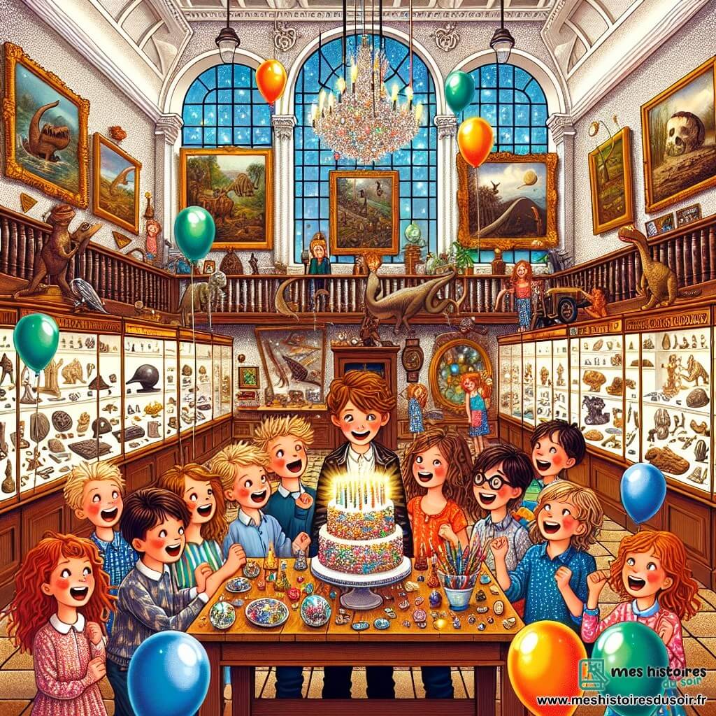 Illustration destinée aux enfants représentant une salle du musée des Curiosités, avec des murs ornés de vieux tableaux et des vitrines remplies d'objets étranges, comme des fossiles de dinosaures et des pierres précieuses scintillantes. Au centre, un groupe d'enfants de 11 ans, composé de deux garçons aux cheveux en bataille et aux yeux pétillants, et de trois filles aux cheveux longs et colorés, tous souriants et rieurs, se tiennent autour d'une grande table décorée pour un anniversaire, avec un gâteau aux bougies allumées et des guirlandes colorées. Les enfants sont en train de chanter "Joyeux Anniversaire", tandis qu'un garçon s'apprête à souffler sur les bougies, créant une atmosphère joyeuse et festive. Des ballons flottent au plafond, et des éclats de rire résonnent dans l'air, capturant l'esprit d'une célébration inoubliable.