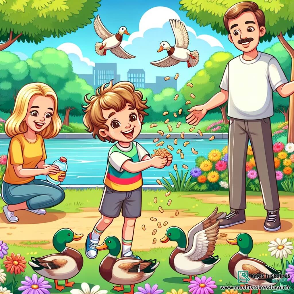 Une illustration sous forme de dessin destinée aux enfants représentant un parc ensoleillé avec un lac où nagent des canards, au centre un garçon de 5 ans aux cheveux bruns et bouclés, portant un t-shirt coloré et un short, qui sourit en lançant des miettes de pain aux canards, tandis qu'à côté de lui se tiennent sa maman, une femme souriante aux cheveux longs et blonds, et son papa, un homme aux cheveux courts et châtains, tous deux observant leur fils avec amour, illustrant un moment de joie familiale malgré la séparation, avec des fleurs colorées et des arbres verdoyants en arrière-plan.