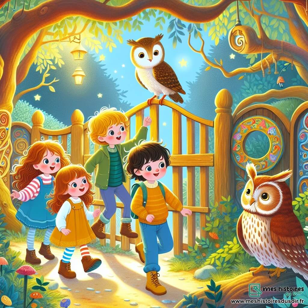 Une illustration sous forme de dessin destinée aux enfants représentant un jardin magique aux fleurs éclatantes et aux arbres parlants, où un groupe de quatre enfants de 5 ans, deux filles aux cheveux dorés et bruns, et deux garçons aux cheveux châtains et noirs, s'avancent avec émerveillement vers une porte en bois ornée de motifs étranges, tandis qu'un sage hibou aux plumes dorées les observe depuis une branche, le tout baigné dans une lumière douce et colorée, symbolisant l'amitié et la curiosité.