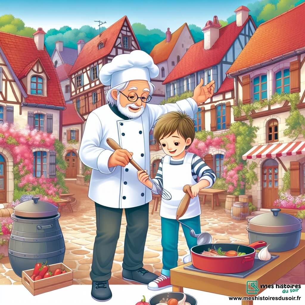 Une illustration destinée aux enfants représentant un petit garçon passionné de cuisine, aidé par un célèbre chef étoilé, dans un charmant village français aux maisons aux toits de tuiles rouges et aux jardins fleuris.