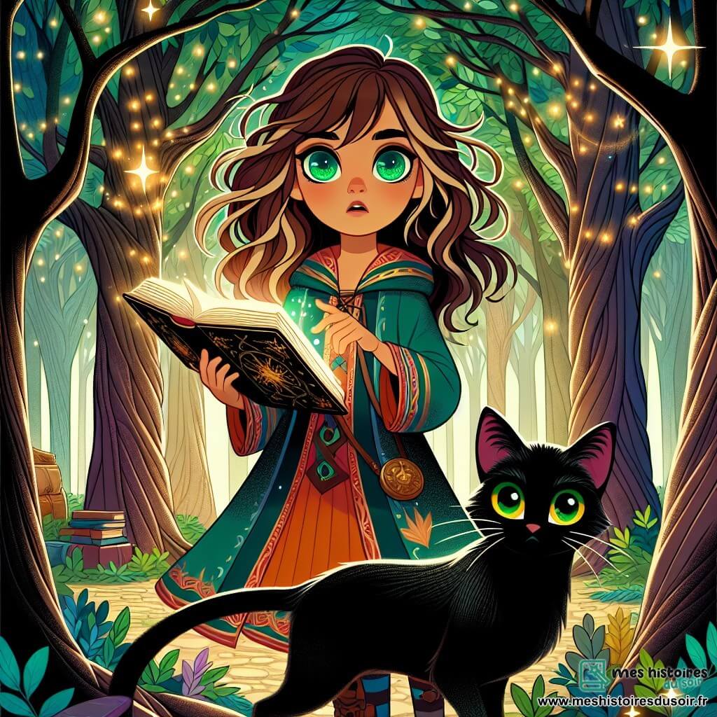Une illustration sous forme de dessin destinée aux enfants représentant une forêt enchantée, avec des arbres majestueux aux feuilles luminescentes, où une jeune sorcière aux cheveux bruns en désordre et aux yeux verts pétillants, vêtue d'une robe colorée, tient un grimoire ouvert et regarde avec détermination un chat noir aux yeux jaunes brillants, qui se tient à ses côtés, tandis qu'ils se préparent à résoudre des énigmes pour retrouver un artefact magique, le Cœur de Lune, afin de briser la malédiction de sa famille.