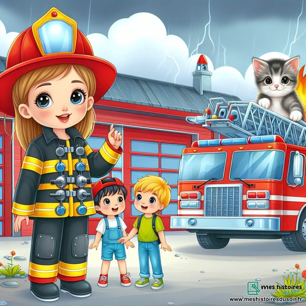 Une illustration destinée aux enfants représentant une courageuse femme pompier, deux garçons passionnés par son métier, une caserne rouge vif entourée de camions de pompiers brillants, et un chaton perché en haut d'un arbre miaulant à l'aide.