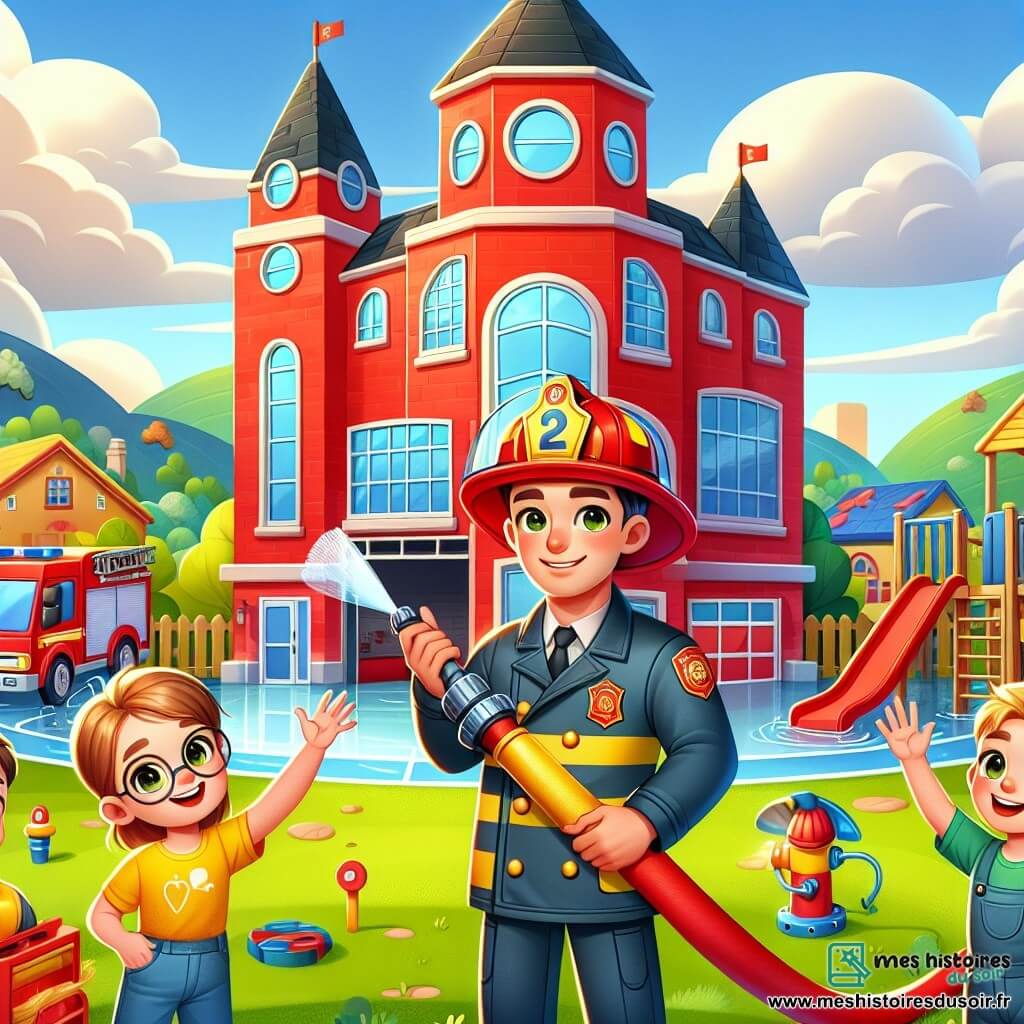 Illustration destinée aux enfants représentant une caserne de pompiers colorée, avec de grands murs rouges et des fenêtres en verre brillant, entourée de verdure et de jeux d'enfants. Au premier plan, un homme pompier au sourire chaleureux, vêtu d'une combinaison rouge vif et d'un casque brillant, se tient avec un tuyau d'incendie à la main, prêt à montrer aux enfants comment l'utiliser. À ses côtés, une petite fille aux lunettes rondes et aux cheveux bruns, vêtue d'un t-shirt jaune, lève la main avec enthousiasme pour poser une question, tandis qu'un garçon aux cheveux blonds et aux yeux pétillants, portant un t-shirt bleu, rit en essayant de manipuler le tuyau. La scène capture l'excitation et l'apprentissage des enfants, entourés de matériel de pompier, de maquettes en carton et de jeux, symbolisant l'esprit d'équipe et le courage.