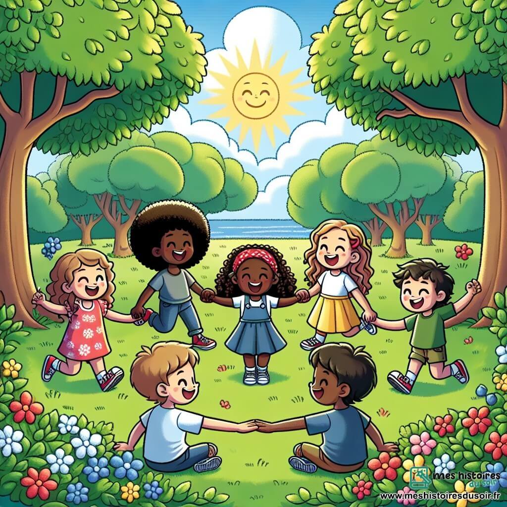 Une illustration sous forme de dessin destinée aux enfants représentant un parc ensoleillé avec des arbres verdoyants et des fleurs colorées, où un groupe de quatre enfants de 7 ans, deux filles aux cheveux bouclés et à la peau noire, une fille aux cheveux blonds et à la peau claire, et un garçon aux cheveux bruns et à la peau olive, jouent ensemble joyeusement, unissant leurs mains en cercle pour symboliser l'amitié et la tolérance, tandis qu'un groupe d'enfants d'origines diverses les rejoint, tous souriants et riant, illustrant l'idée que l'amitié transcende les différences culturelles et ethniques.