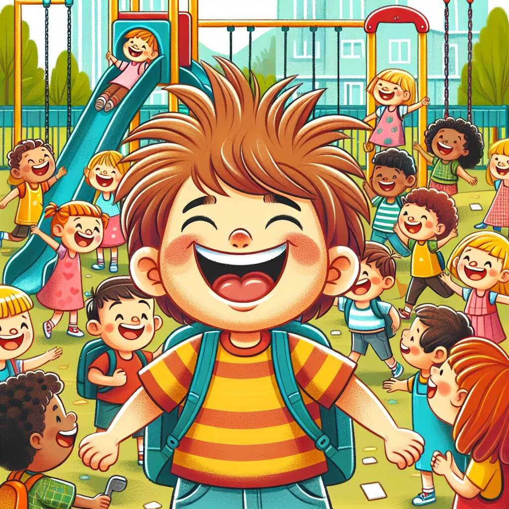 Une illustration destinée aux enfants représentant un petit garçon aux cheveux ébouriffés, entouré de ses amis, en train de rire aux éclats dans une cour d'école colorée et animée par des balançoires, des toboggans et un terrain de jeu.