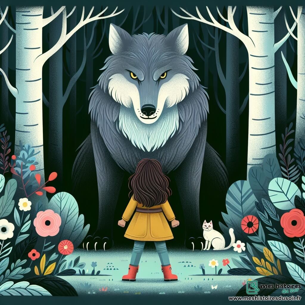 Une illustration destinée aux enfants représentant une courageuse petite fille faisant face à un grand méchant loup menaçant dans une sombre forêt aux arbres touffus et aux fleurs colorées, avec en second plan un chat en peluche rassurant.