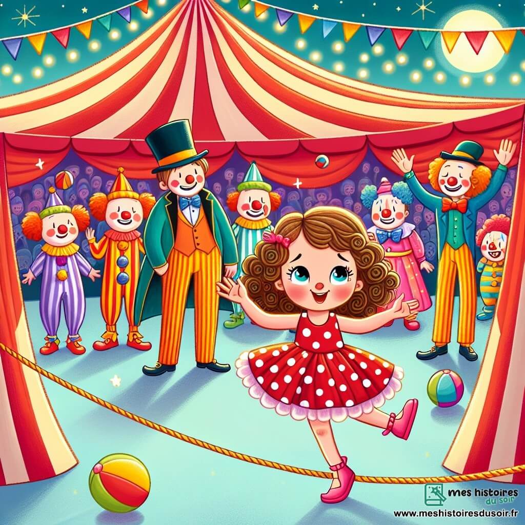 Une illustration sous forme de dessin destinée aux enfants représentant un cirque coloré avec un grand chapiteau rayé, au centre une petite fille de 3 ans aux cheveux bouclés et aux yeux pétillants, vêtue d'une robe à pois, marchant avec détermination sur une corde tendue, tandis qu'un funambule grand et mince avec un chapeau haut de forme l'encourage avec un sourire, entouré de clowns aux nez rouges et aux costumes éclatants qui rient et jonglent avec des balles, capturant l'instant magique où la petite fille réalise son rêve de devenir funambule.
