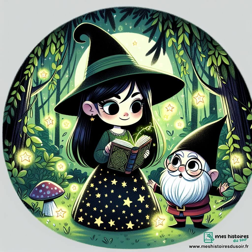 Une illustration sous forme de dessin destinée aux enfants représentant une clairière enchantée dans la forêt d’Émeraude, où une jeune sorcière aux cheveux noirs comme la nuit, vêtue d'une robe étoilée, se tient avec un livre ancien ouvert dans les mains, entourée de petites lucioles lumineuses dansant autour d'elle, tandis qu'un lutin espiègle, haut comme trois pommes, avec un chapeau pointu et un sourire malicieux, l'observe avec curiosité, alors qu'ils découvrent ensemble les secrets magiques de la pierre mystérieuse scintillante au centre de la clairière.
