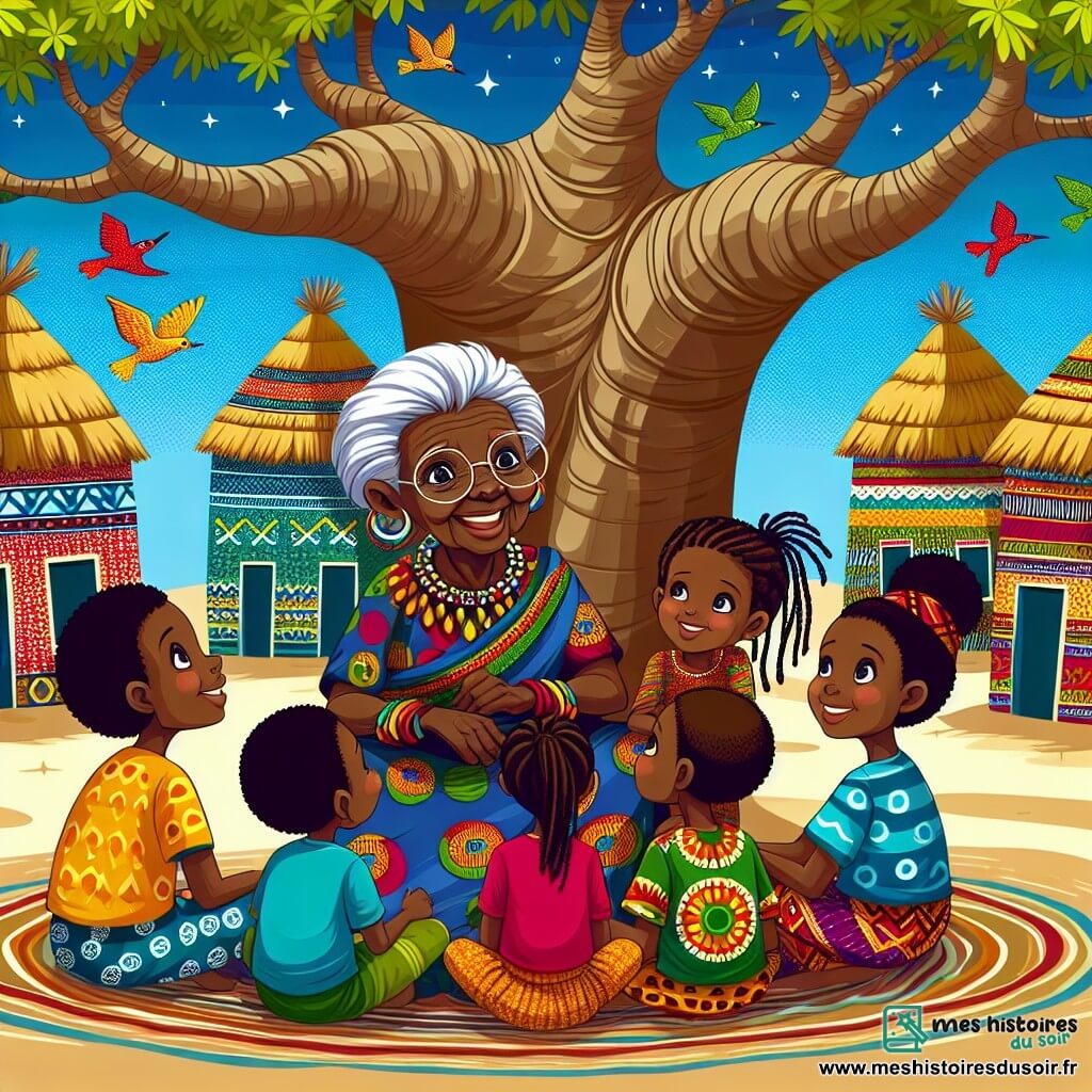 Une illustration sous forme de dessin destinée aux enfants représentant un village coloré d'Afrique de l'Ouest, avec une vieille femme aux cheveux gris et au sourire chaleureux, assise sous un immense baobab, entourée de trois enfants aux yeux pétillants : un garçon à la peau foncée portant un t-shirt coloré, une fille avec des tresses et une robe en tissu traditionnel, et un autre garçon aux cheveux crépus, tous écoutant attentivement la sage raconter des histoires de courage et de sagesse, tandis que des motifs vibrants décorent les maisons en terre et que des oiseaux colorés volent dans un ciel bleu éclatant.