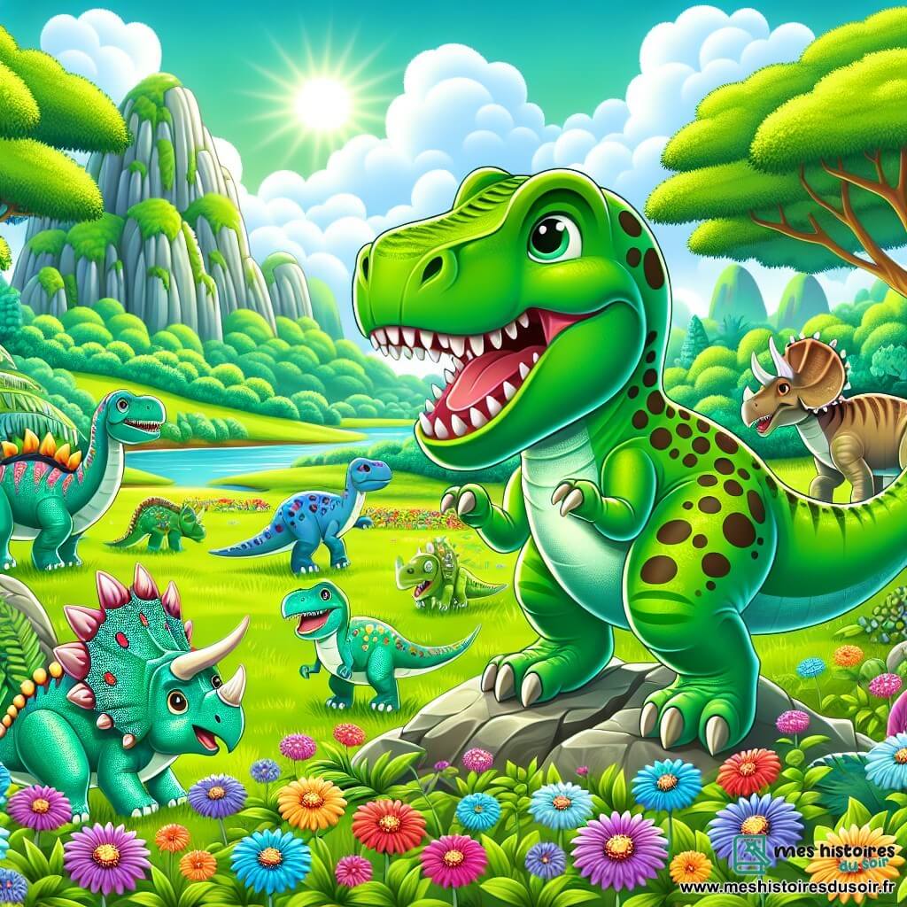 Une illustration sous forme de dessin destinée aux enfants représentant une grande clairière verdoyante de Dinoville, où un jeune Tyrannosaure Rex au vert éclatant et aux taches brunes se tient courageusement sur un rocher, rugissant avec détermination pour défendre ses amis, tandis qu'un Tricératops aux cornes majestueuses et un groupe de dinosaures colorés l'observent avec admiration et curiosité, tous entourés de fleurs éclatantes et d'arbres imposants, créant une atmosphère joyeuse et pleine d'aventure.