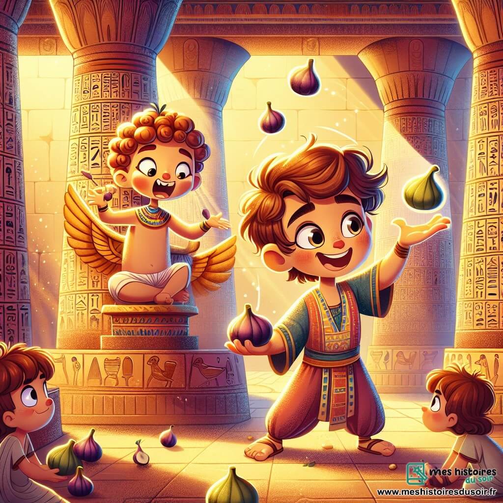 Une illustration sous forme de dessin destinée aux enfants représentant un temple égyptien majestueux, avec des colonnes ornées de hiéroglyphes et une lumière dorée filtrant à travers des ouvertures, où un jeune homme aux cheveux bruns et bouclés, vêtu d'une tunique colorée, jongle avec des figues tout en faisant des grimaces pour faire rire un esprit farceur aux yeux malicieux et au sourire espiègle, tandis qu'une petite fille aux cheveux bouclés et aux yeux pétillants, vêtue d'une robe simple, les observe avec émerveillement, le tout dans une ambiance magique et joyeuse, symbolisant l'amitié et la magie de l'aventure.