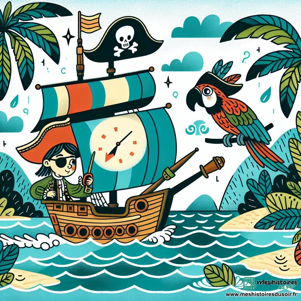 Une illustration destinée aux enfants représentant une courageuse pirate femme naviguant sur son bateau aux voiles colorées, accompagnée d'un perroquet espiègle, explorant une île luxuriante et mystérieuse au milieu de l'océan.