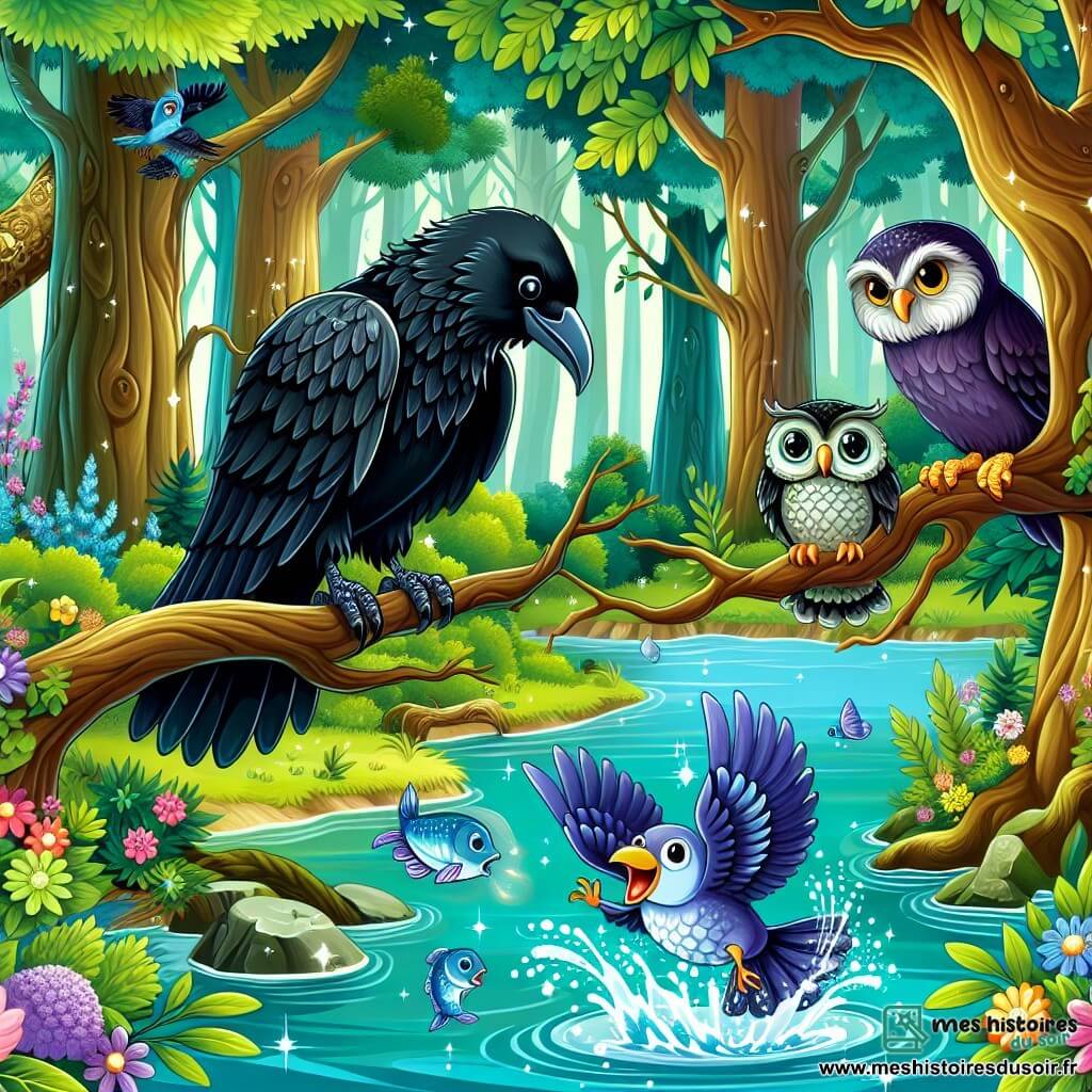 Une illustration sous forme de dessin destinée aux enfants représentant une forêt enchantée aux arbres majestueux et aux fleurs éclatantes, avec un corbeau à plumes noires brillantes, perché sur une branche, observant avec curiosité une rivière scintillante en contrebas, tandis qu'un poisson argenté saute joyeusement hors de l'eau, et une vieille chouette sage, aux yeux ronds et perçants, se tient sur une branche proche, créant une atmosphère d'aventure et de découverte, alors que le corbeau s'apprête à partir à la recherche d'un trésor caché.