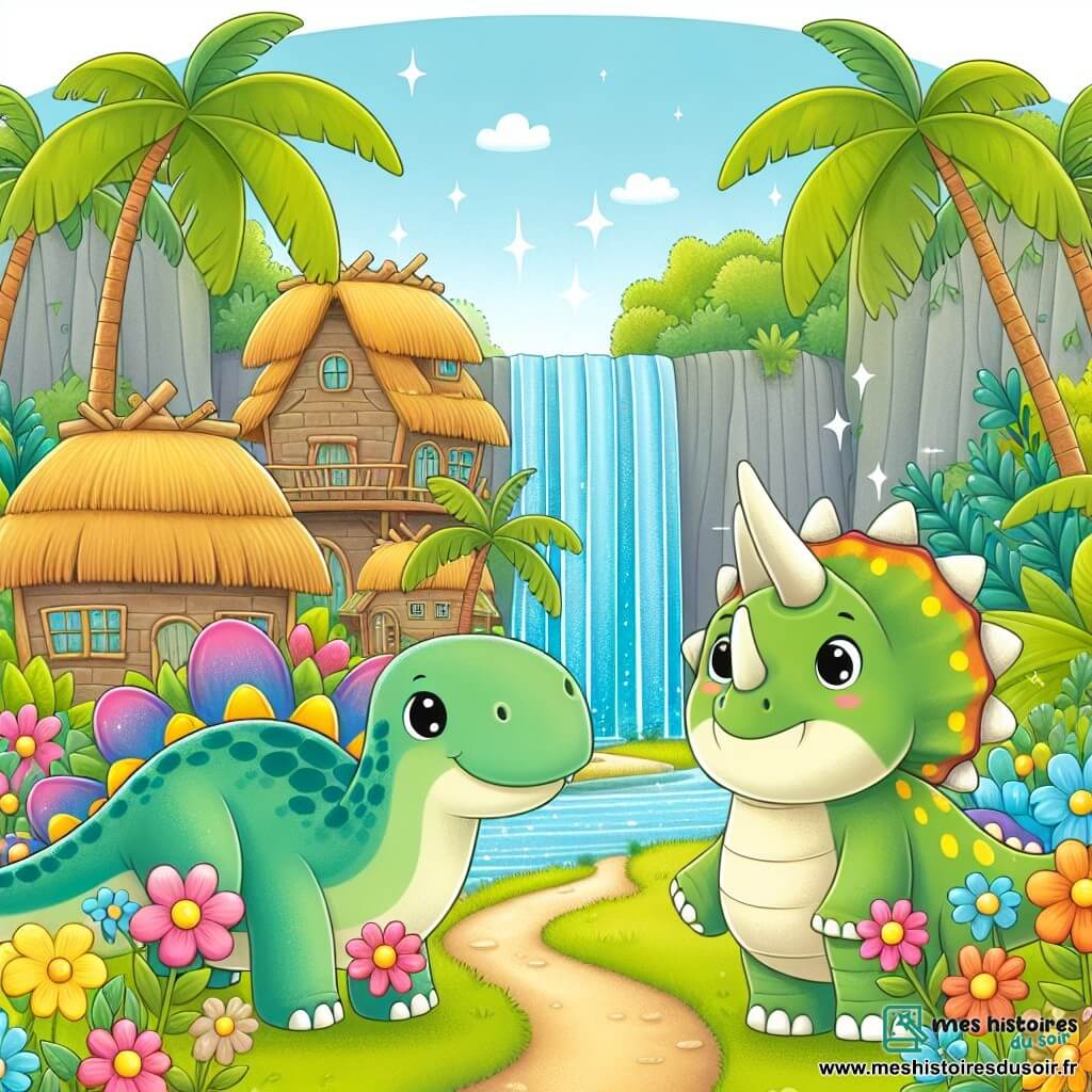 Une illustration destinée aux enfants représentant un jeune diplodocus curieux découvrant un monde perdu, accompagné d'un tricératops joyeux, dans un village pittoresque aux maisons construites en feuilles de palmier, bordé de fleurs colorées, caché derrière une cascade scintillante.
