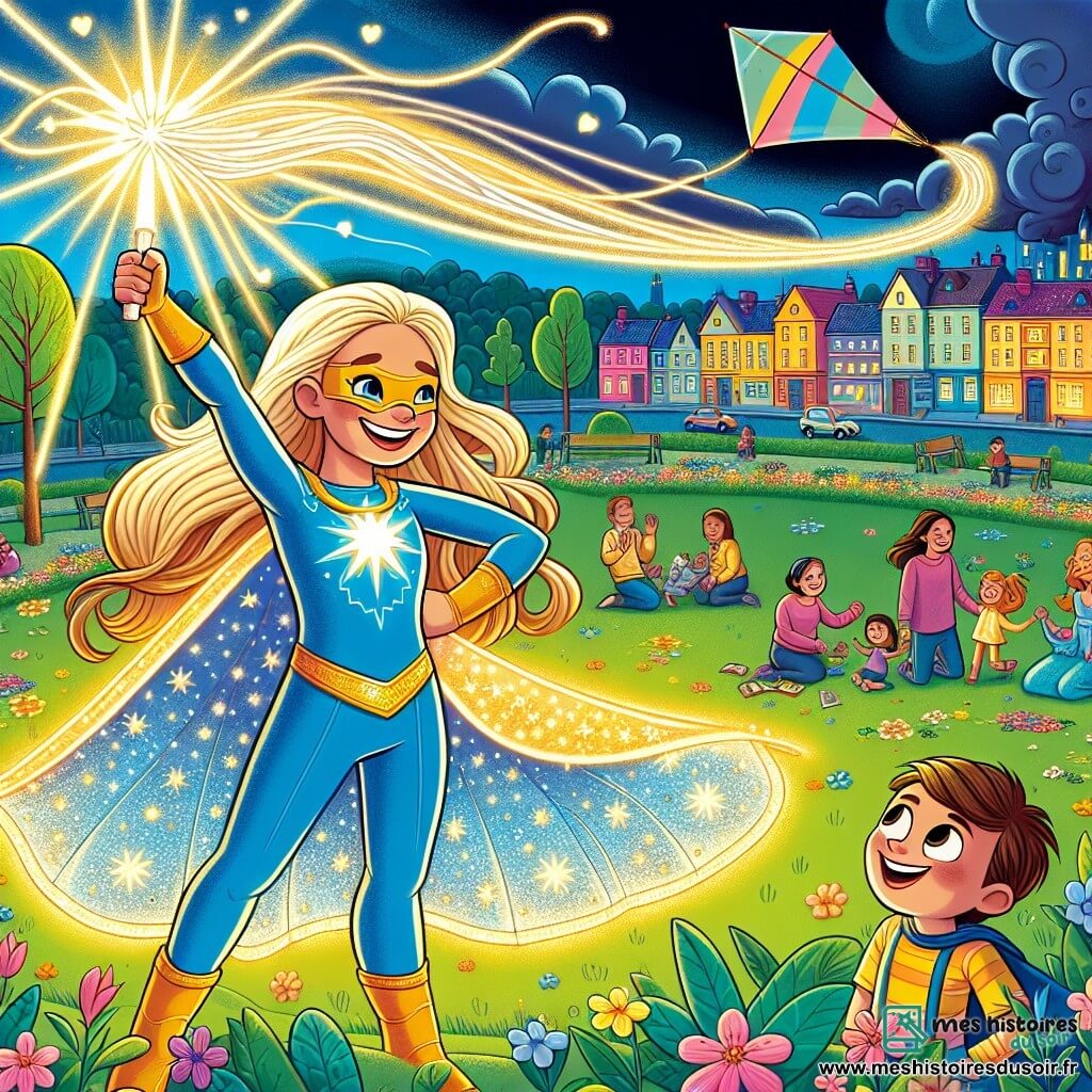Une illustration sous forme de dessin destinée aux enfants représentant un parc coloré de Lumiville, avec des maisons vives en arrière-plan et des fleurs dansantes au vent, où une super-héroïne aux longs cheveux dorés et à la cape scintillante bleue et jaune, souriante et pleine de détermination, utilise ses pouvoirs lumineux pour illuminer la scène, tandis qu'un petit garçon aux yeux pétillants, tenant un cerf-volant en forme de dragon, l'observe avec admiration, et des familles joyeuses se rassemblent autour d'eux, créant une atmosphère de fête et de camaraderie, alors qu'ils surmontent ensemble l'obscurité d'un nuage menaçant.