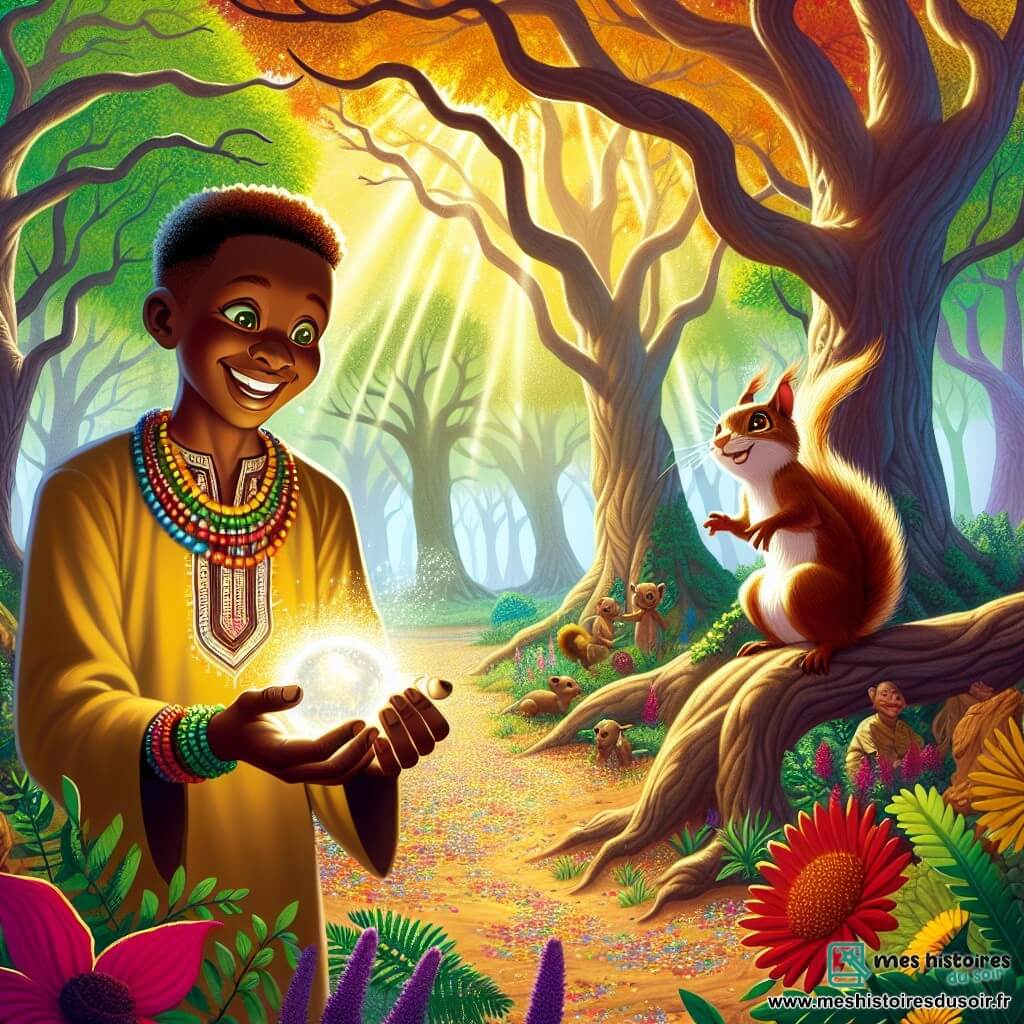 Illustration d'une scène vibrante dans une forêt africaine enchantée. Des arbres majestueux aux troncs épais s'élèvent vers le ciel, leurs feuilles vert éclatant formant un plafond naturel, tandis que des fleurs colorées de rouge, jaune et violet parsèment le sol. Au centre, un jeune homme souriant, avec des yeux brillants, porte un pagne traditionnel et un collier de perles. Il tient une perle scintillante, symbole d'unité et d'harmonie. À ses côtés, un petit écureuil aux yeux pétillants se tient sur une branche, admirant le jeune homme et prêt à le remercier. La scène montre le jeune homme rayonnant de joie tenant la Perle de l'Unité, tandis que l'écureuil souriant s'apprête à l'accompagner. En arrière-plan, des rayons de soleil illuminent la scène d'une lumière dorée, créant une atmosphère magique, avec des oiseaux colorés ajoutant vie et mouvement.