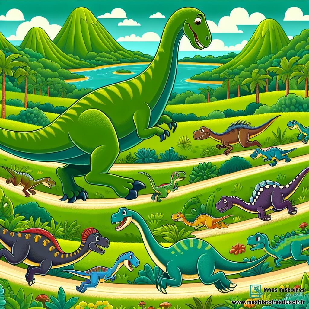 Une illustration destinée aux enfants représentant un majestueux dinosaure au long cou, se lançant dans une course palpitante aux côtés d'autres créatures préhistoriques, dans la vallée verdoyante et luxuriante de la Terre des Dinosaures.