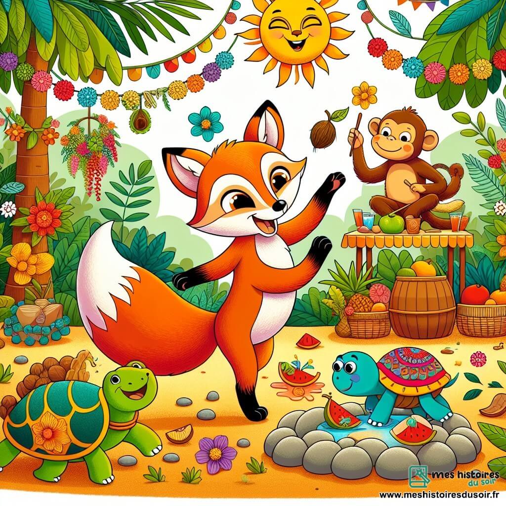 Une illustration sous forme de dessin destinée aux enfants représentant une clairière ensoleillée de la jungle, où un renard à la fourrure rousse éclatante, aux yeux pétillants de curiosité, danse joyeusement au milieu de ses amis, un singe malicieux aux bras agiles jonglant avec des noix de coco et une tortue artiste peignant des fleurs colorées sur des galets, alors qu'une grande fête se prépare avec des guirlandes de feuillage et des tables garnies de fruits, remplie de rires et de joie.