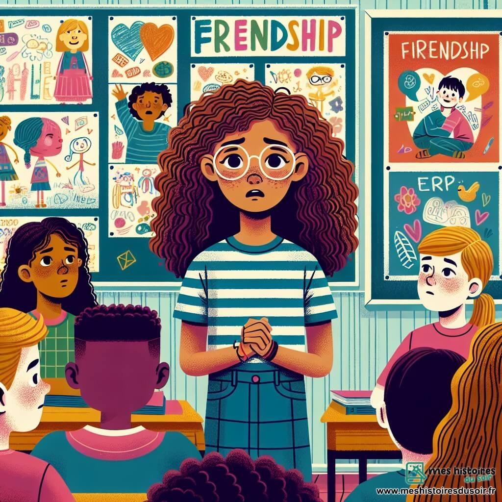 Une illustration sous forme de dessin destinée aux enfants représentant une salle de classe colorée, avec des murs ornés de dessins d'enfants et de posters sur l'amitié, où une fille de 12 ans aux cheveux bruns et bouclés, portant des lunettes et un t-shirt à rayures, se tient debout au centre, visiblement émue mais déterminée, tandis qu'un groupe de camarades, dont un garçon aux cheveux blonds et une fille aux cheveux longs et lisses, l'écoutent attentivement, créant une atmosphère de soutien et de solidarité alors qu'elle partage son expérience de harcèlement.