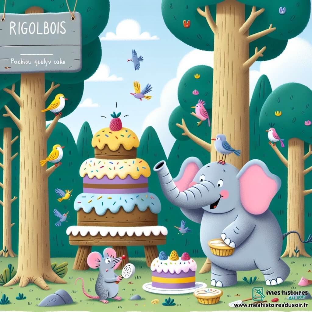 Une illustration destinée aux enfants représentant un éléphant joyeux et maladroit, accompagné d'une souris astucieuse, préparant des gâteaux colorés dans une forêt enchantée de Rigolbois, où les arbres sont si grands que les oiseaux y font des nids douillets.