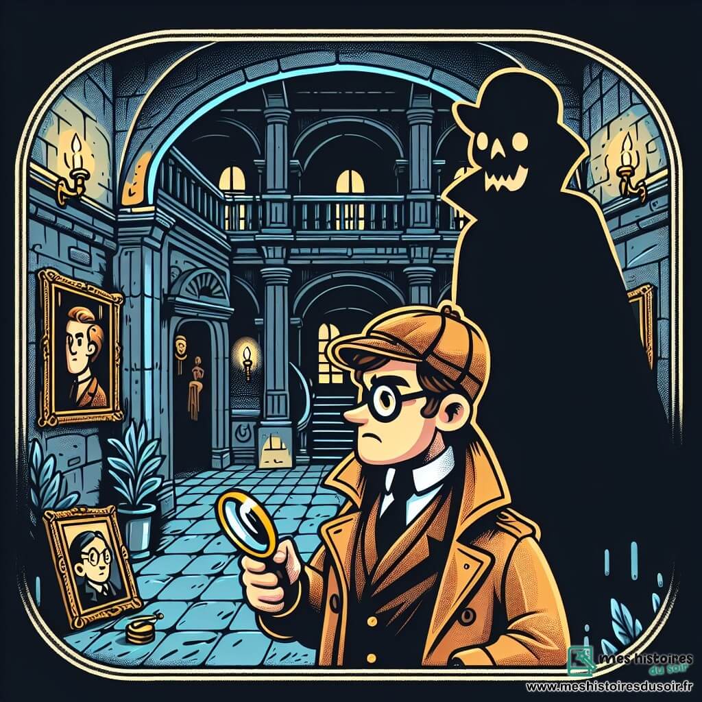Une illustration destinée aux enfants représentant un détective courageux et intelligent résolvant un mystère dans un manoir hanté, accompagné d'une silhouette étrange, dans un manoir sombre aux couloirs mystérieux et aux portraits qui semblent le regarder.