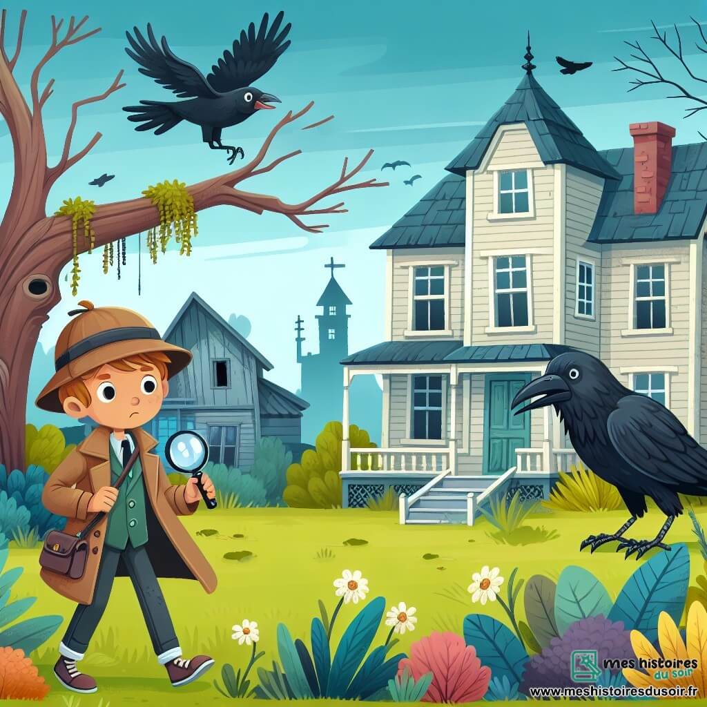 Une illustration destinée aux enfants représentant un détective courageux (garçon) explorant un manoir hanté avec l'aide d'un corbeau mystérieux (garçon) dans un village reculé aux fenêtres brisées, à la végétation envahissante et à un arbre décharné où résonne un corbeau noir.