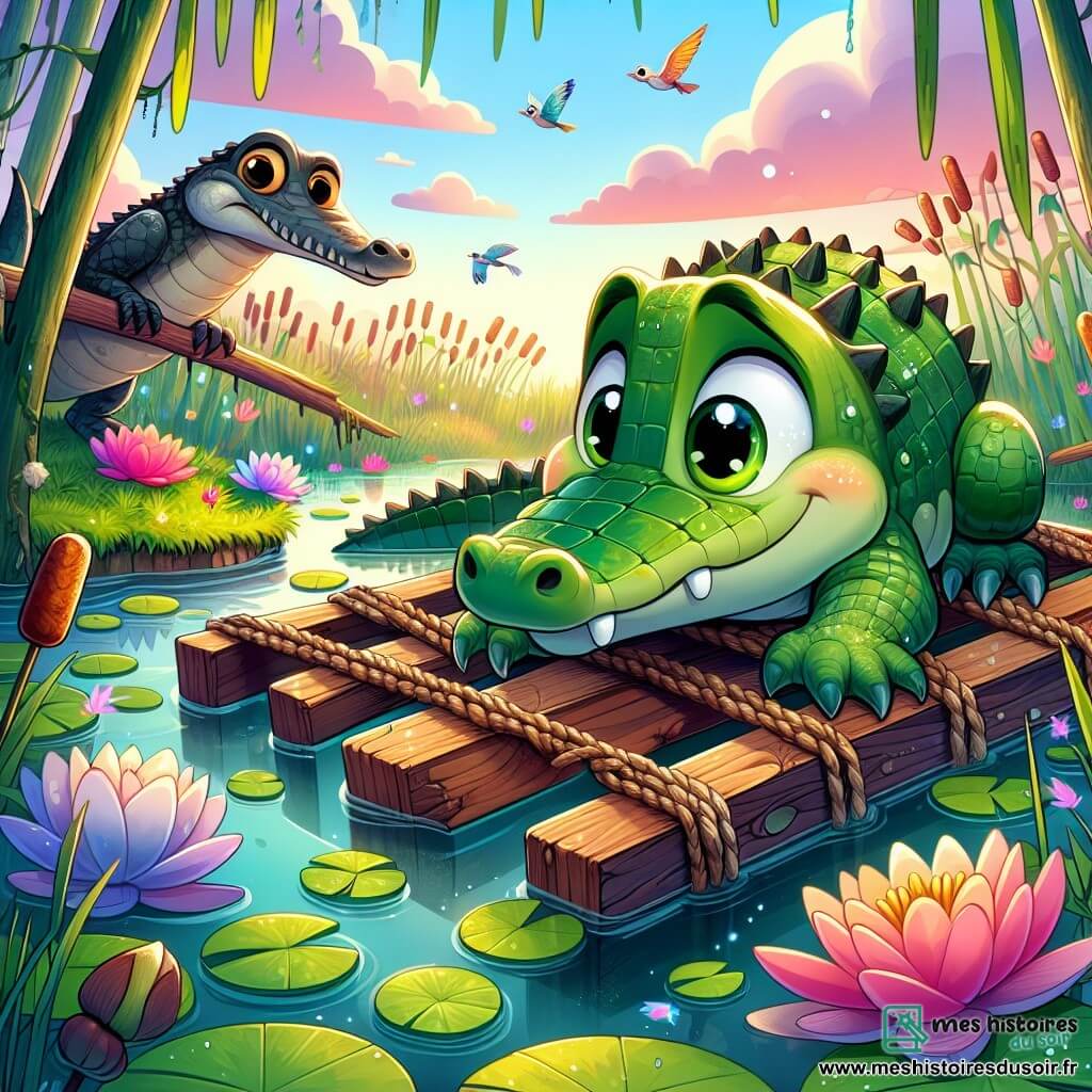 Illustration d'un marécage verdoyant, rempli de nénuphars colorés et de roseaux dansant sous la brise. Au centre, un petit crocodile aux écailles vertes et brillantes, avec de grands yeux curieux et un sourire timide, lutte dans un piège en bois, inquiet mais déterminé. À proximité, un vieux crocodile sage, aux écailles sombres et au visage ridé, observe avec bienveillance, prêt à aider le jeune crocodile. En arrière-plan, des oiseaux colorés volent dans le ciel bleu, ajoutant de la vie à cette scène paisible mais tendue, le tout baigné par la douce lumière du soleil couchant, créant une atmosphère magique et pleine d'espoir.