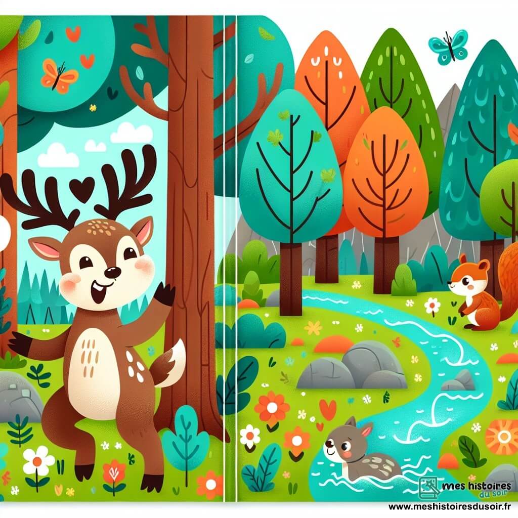 Une illustration destinée aux enfants représentant un jeune renne courageux, un écureuil affamé, dans une forêt enchantée aux arbres majestueux, ruisseaux chantants et clairières colorées.