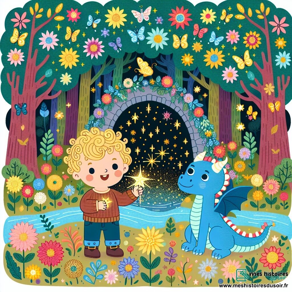 Illustration d'un jardin enchanté, rempli de fleurs colorées dansantes, de grands arbres aux feuilles scintillantes et d'une rivière étincelante serpentant à travers le paysage. Au centre, un garçon d'un an, avec des cheveux blonds bouclés et des yeux pétillants, sourit joyeusement en tenant une étoile brillante dans ses petites mains. À ses côtés, un dragon bleu aux écailles étincelantes, avec de grands yeux doux et des ailes déployées, le regarde avec enthousiasme. Ensemble, ils se tiennent devant une grotte mystérieuse d'où émane une lumière dorée, suggérant la présence d'une couronne perdue. Des papillons colorés volent autour d'eux, ajoutant une touche de magie à la scène.