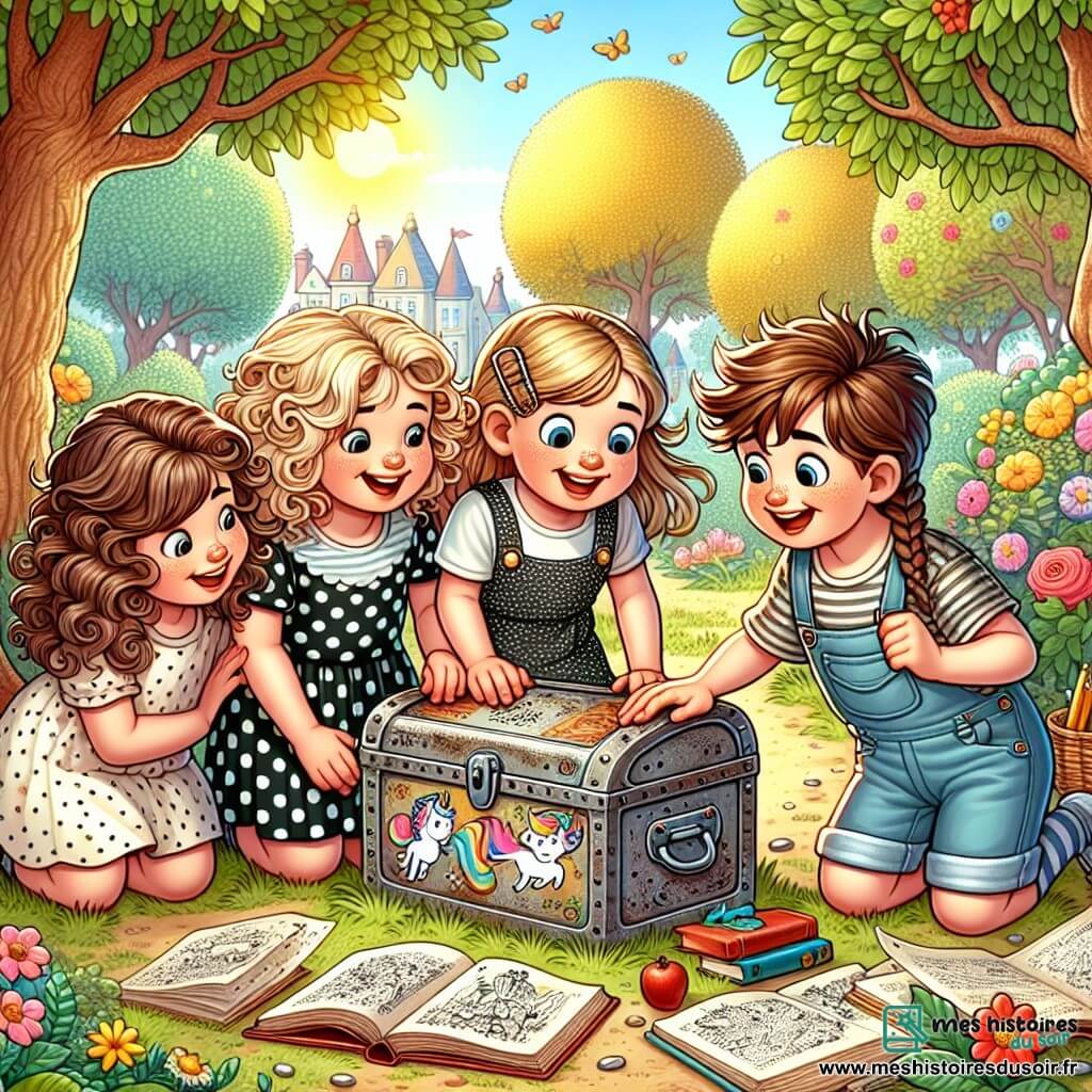 Une illustration sous forme de dessin destinée aux enfants représentant un parc ensoleillé avec des arbres fleuris et des fleurs colorées, où un groupe de quatre enfants de 7 ans, deux filles aux cheveux bouclés et blonds, l'une portant une robe à pois et l'autre un t-shirt avec un dessin de licorne, ainsi qu'un garçon aux cheveux bruns en bataille avec un short à rayures et une autre fille aux cheveux châtains tressés portant une salopette, se penchent avec excitation sur une boîte en fer rouillée cachée sous des feuilles, tandis qu'ils rient et échangent des idées sur le trésor mystérieux qu'elle pourrait contenir, entourés de dessins colorés et de livres ouverts éparpillés autour d'eux.
