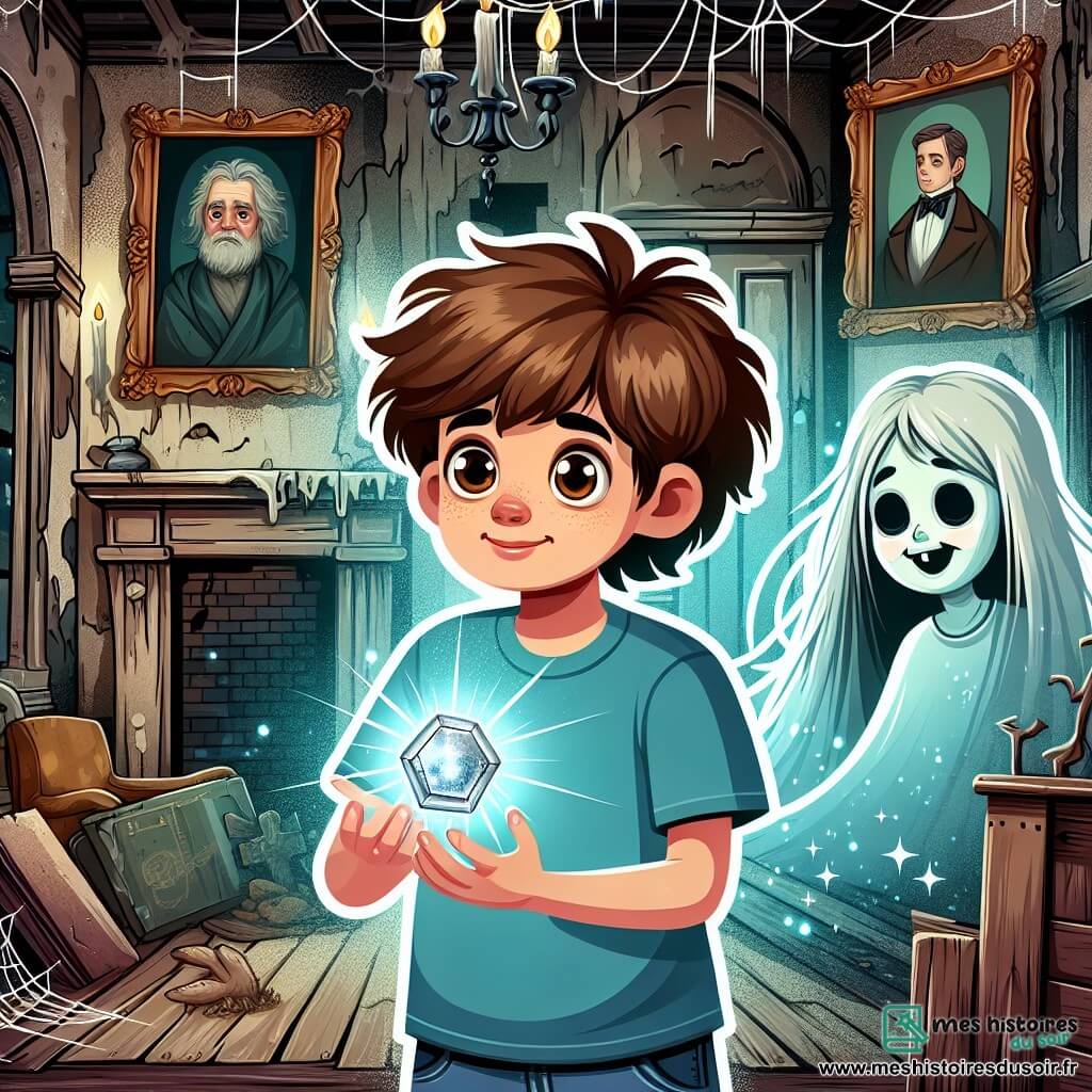 Une illustration sous forme de dessin destinée aux enfants représentant l'intérieur d'une vieille maison abandonnée, avec des murs décrépits et des toiles d'araignée, où un garçon de 12 ans aux cheveux bruns en désordre, portant un t-shirt bleu et un jean, se tient au centre, tenant un médaillon en argent scintillant, tandis qu'une silhouette fantomatique d'une jeune fille aux longs cheveux flottants et au visage pâle se dessine derrière lui, l'observant avec des yeux tristes, alors qu'ils sont entourés de portraits anciens accrochés aux murs, créant une atmosphère à la fois mystérieuse et légèrement effrayante.