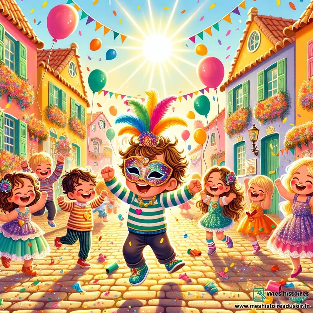 Illustration destinée aux enfants représentant une scène vibrante d'un carnaval dans un petit village ensoleillé, avec des rues pavées bordées de maisons colorées et décorées de guirlandes de fleurs et de ballons flottants. Au centre, un garçon de 1 an, avec des cheveux bouclés et des joues roses, porte un masque coloré qui brille comme une étoile, sautant de joie au milieu des confettis qui tombent autour de lui. À ses côtés, plusieurs enfants, dont une fille aux cheveux longs et blonds, vêtue d'une robe à paillettes, dansent et rient, créant une atmosphère festive et joyeuse. L'ensemble de la scène est rempli de couleurs vives, de sourires éclatants et d'une ambiance de fête, avec des ballons flottants et des rires qui résonnent dans l'air.