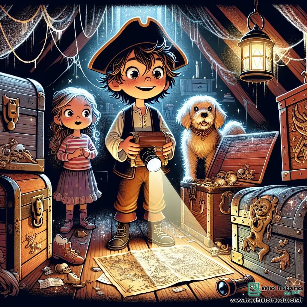 Illustration destinée aux enfants représentant un grenier mystérieux, rempli de vieilles malles en bois, de toiles d'araignées scintillantes sous la lumière d'une lampe de poche, et de meubles poussiéreux aux formes étranges. Au centre, un garçon de 9 ans, avec des cheveux en bataille et des yeux pétillants d'excitation, porte un vieux chapeau de pirate et tient une carte au trésor dans ses mains, scrutant l'horizon avec détermination. À ses côtés, sa petite sœur de 8 ans, aux cheveux longs et bouclés, avec un sourire curieux, observe un vieux coffre en bois orné de sculptures de dragons. Ensemble, ils se tiennent devant le coffre, prêts à découvrir le trésor caché, tandis que leur chien, un golden retriever aux yeux malicieux, les accompagne, ajoutant une touche de joie à cette aventure magique.