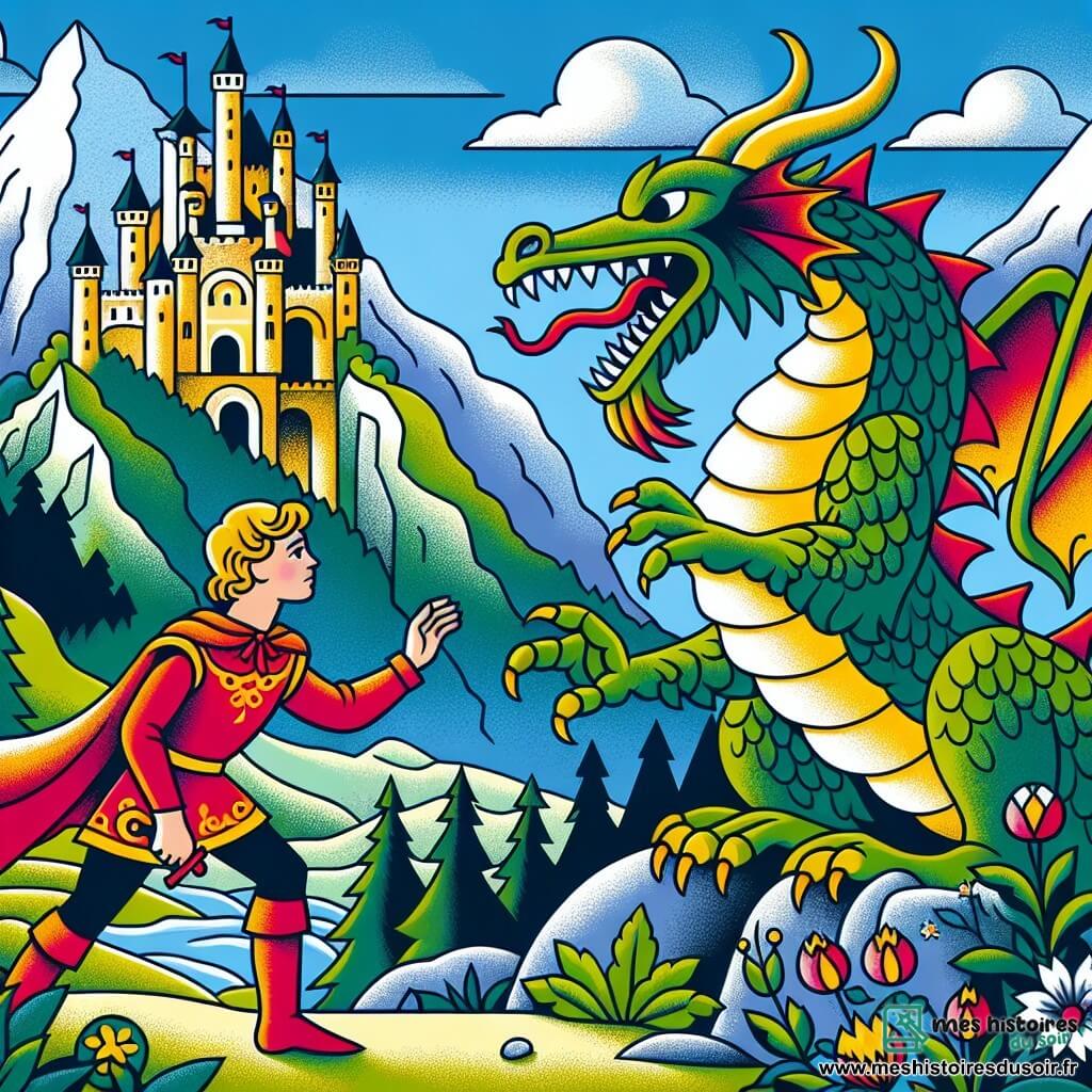 Une illustration destinée aux enfants représentant un prince courageux affrontant un dragon pour sauver une princesse captive, dans un château en ruines perché au sommet d'une montagne escarpée.