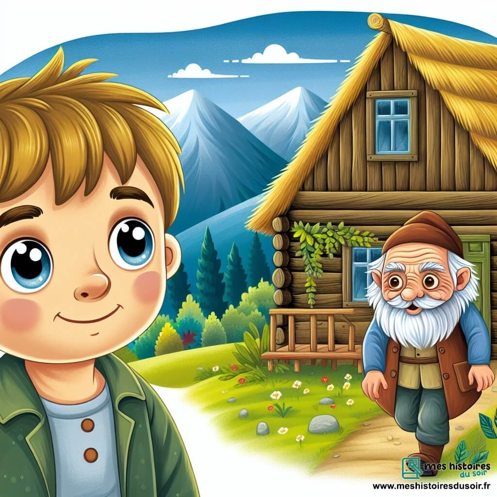 Une illustration destinée aux enfants représentant un garçon aux yeux emplis de curiosité vivant dans une modeste maison en bois au toit de chaume, faisant la rencontre d'un vieil homme au visage ridé et aux cheveux argentés, dans un petit village niché au creux des montagnes.