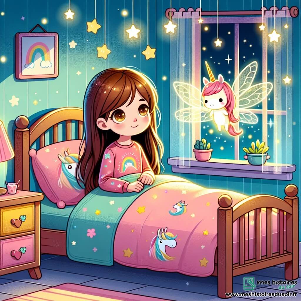 Illustration d'une chambre douillette d'une petite fille avec des murs bleu pastel et des étoiles scintillantes au plafond. Un lit en bois avec des draps colorés et des coussins en forme de licorne est au centre. Au premier plan, une fille de 7 ans, aux longs cheveux bruns et aux yeux pétillants, est allongée sous sa couverture dans un pyjama rose à motifs de licornes. Son visage montre curiosité et légère appréhension en regardant une lumière flottante près de la fenêtre. À côté d'elle, une luciole magique émet une douce lueur dorée avec des ailes translucides scintillantes, dansant joyeusement et apportant magie et réconfort. La petite fille, bien que légèrement effrayée par l'obscurité, commence à se détendre en écoutant la luciole qui lui parle doucement. Les ombres douces créent une ambiance mystérieuse mais accueillante, tandis qu'une lune brillante éclaire la scène à travers la fenêtre, ajoutant sérénité à la nuit.