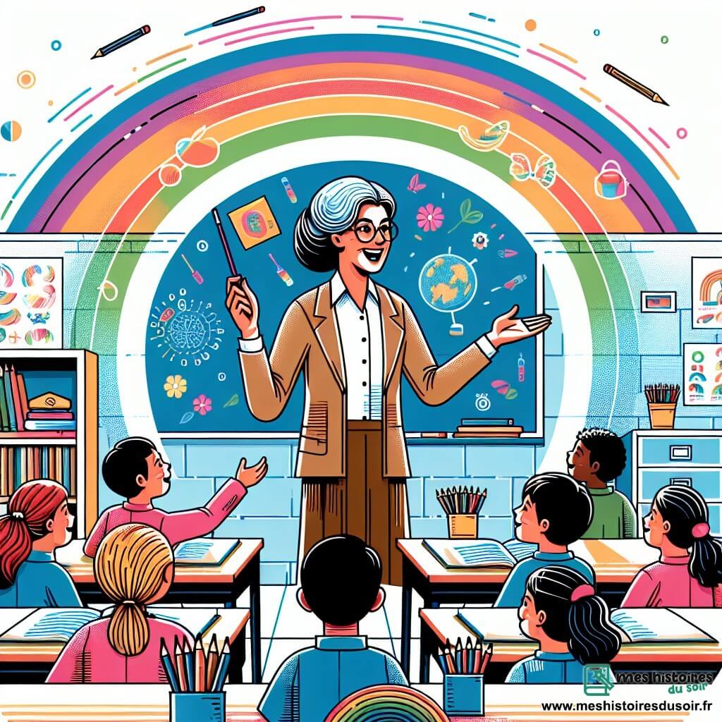 Une illustration destinée aux enfants représentant une institutrice dynamique et joyeuse, entourée de ses élèves attentifs, dans une salle de classe colorée remplie de livres, de crayons et de dessins accrochés aux murs, à l'école d'Arc-en-Ciel.