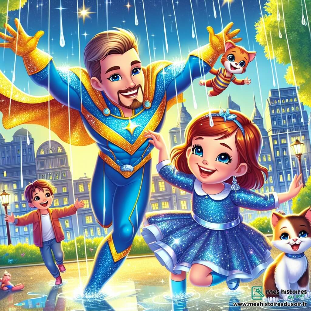 Une illustration sous forme de dessin destinée aux enfants représentant un parc ensoleillé de la Ville Lumineuse, avec un homme super-héros au costume bleu et doré scintillant, flottant joyeusement dans les airs, entouré de petits enfants aux visages souriants qui dansent sous une pluie de gouttes d'eau scintillantes, tandis qu'une petite fille aux cheveux bruns et aux yeux pétillants, tenant un chaton dans ses bras, exprime sa joie d'avoir retrouvé son animal perdu, le tout baigné dans une atmosphère de magie et de bonheur.