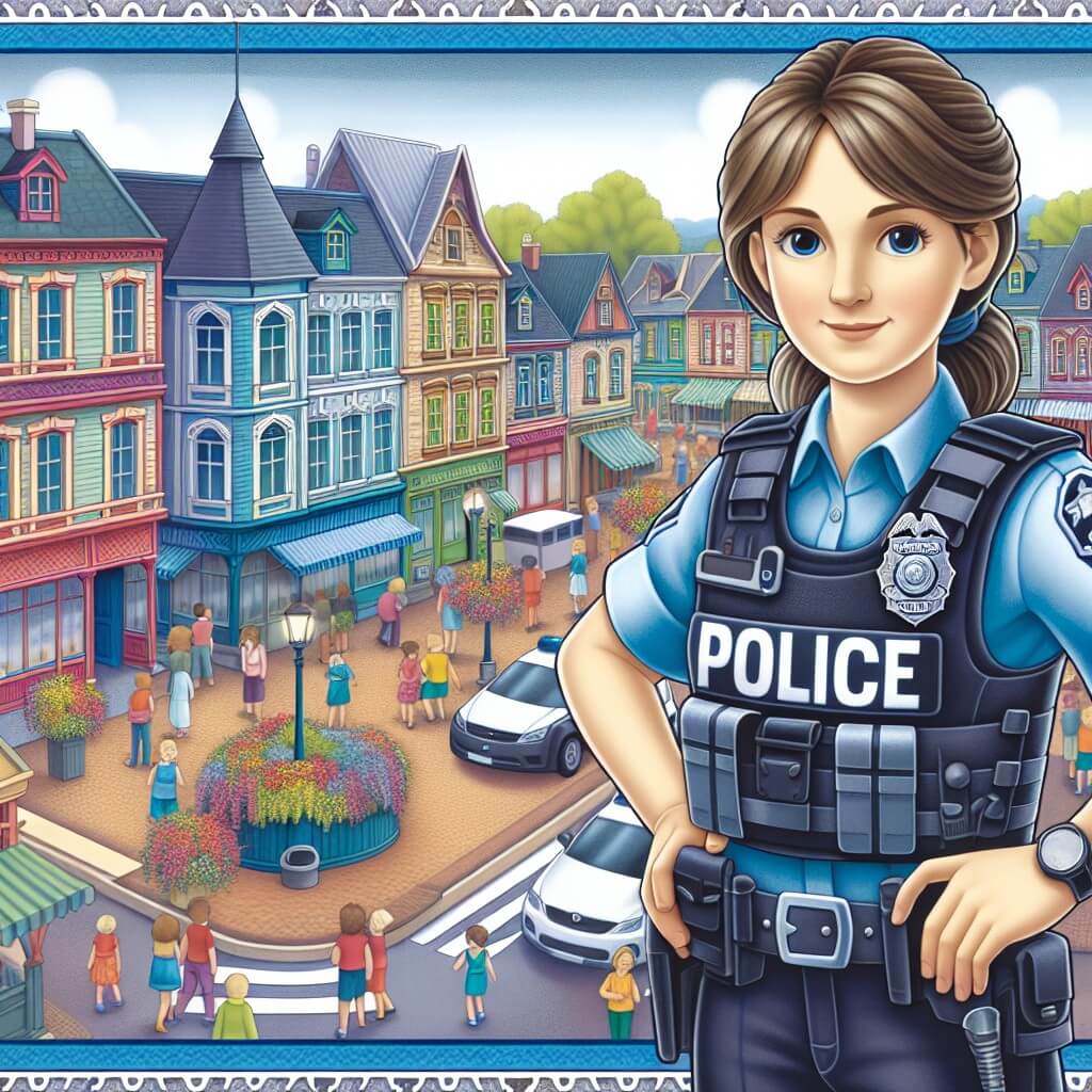 Une illustration destinée aux enfants représentant une femme policière courageuse et déterminée, se trouvant au commissariat de police de Belleville, une petite ville animée avec des rues bordées de maisons colorées et une place centrale animée par des fontaines et des fleurs.