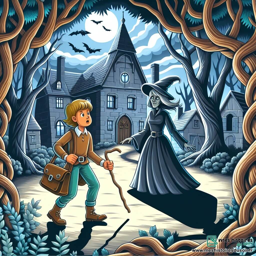 Une illustration destinée aux enfants représentant une jeune femme courageuse explorant un manoir mystérieux avec l'aide d'une sorcière bienveillante, dans un village reculé entouré d'une forêt dense aux arbres noueux et aux ombres dansantes.