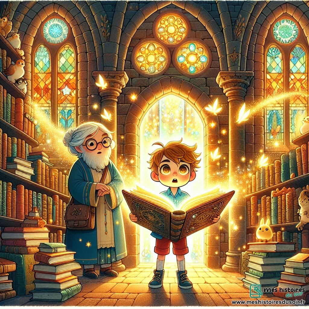 Illustration d'une scène magique dans une vieille bibliothèque. Les murs en briques sont ornés de vitraux colorés, laissant passer des rayons de lumière dorée qui illuminent les étagères de livres anciens. Au centre, un garçon de 7 ans, aux cheveux ébouriffés et aux yeux curieux, tient un gros livre ouvert dont les pages brillent d'une lumière dorée. Il porte un t-shirt bleu et un short rouge, son visage exprime l'émerveillement. À ses côtés, une bibliothécaire âgée, avec des cheveux argentés et des lunettes rondes, sourit en l'observant. Une légère brise fait danser des feuilles de papier et des étincelles de magie. Le garçon découvre un livre ancien révélant un portail magique, symbolisé par une lumière éclatante. Des créatures fantastiques, comme un petit lapin ailé, flottent autour, ajoutant à la magie de l'atmosphère.